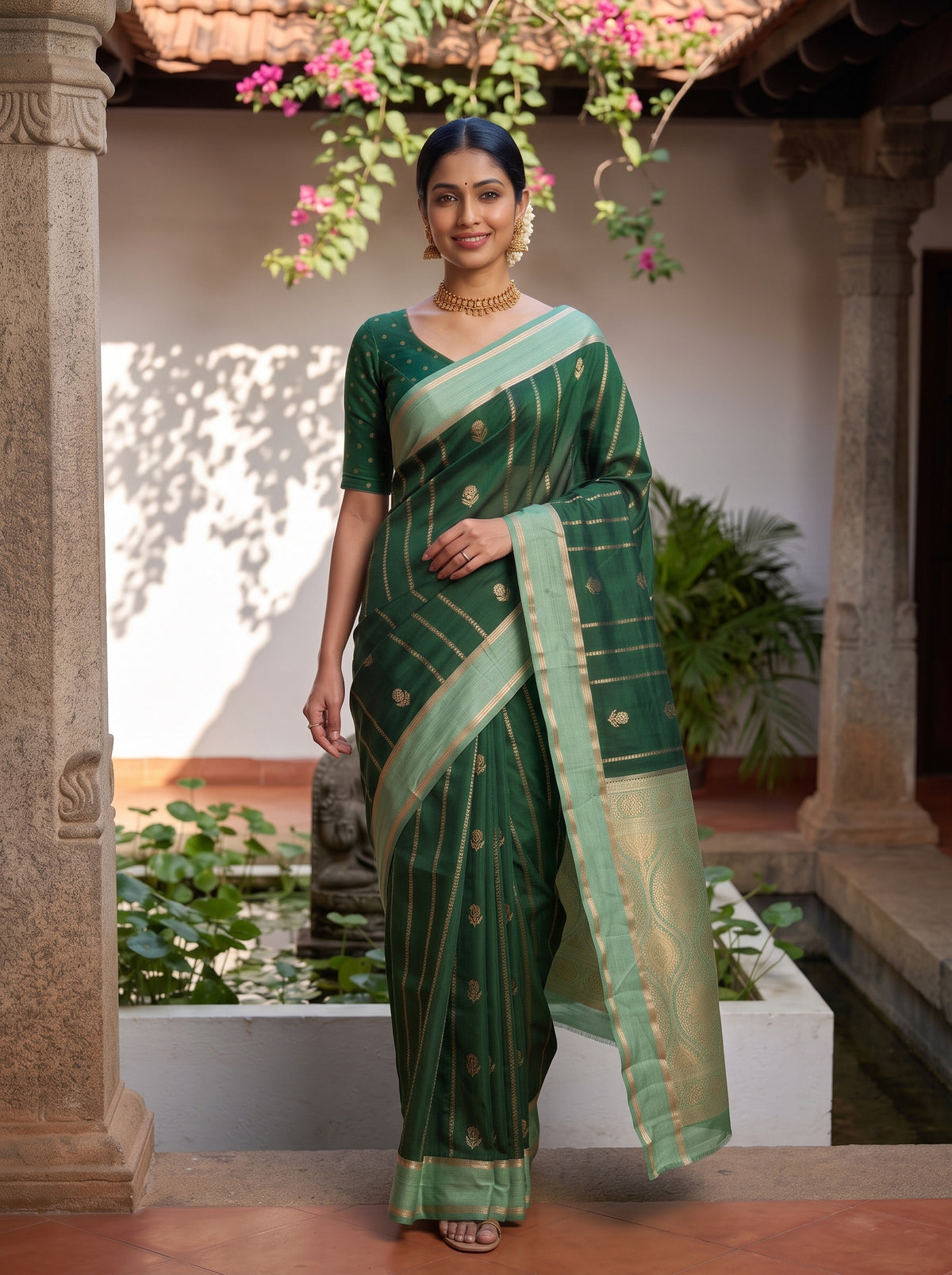 MIMOSA Bottle Green Mysore Silk Saree — pose 6 styling detail