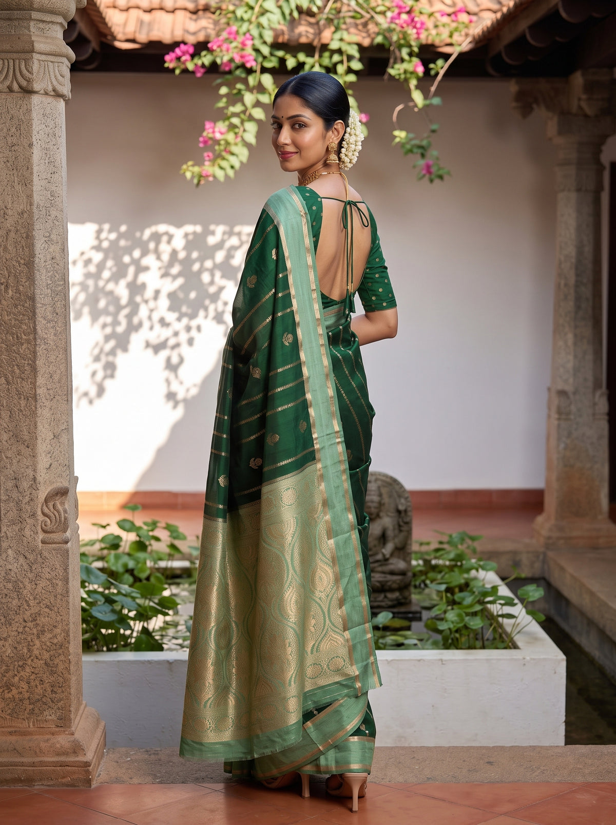 MIMOSA Bottle Green Mysore Silk Saree — pose 7 styling detail