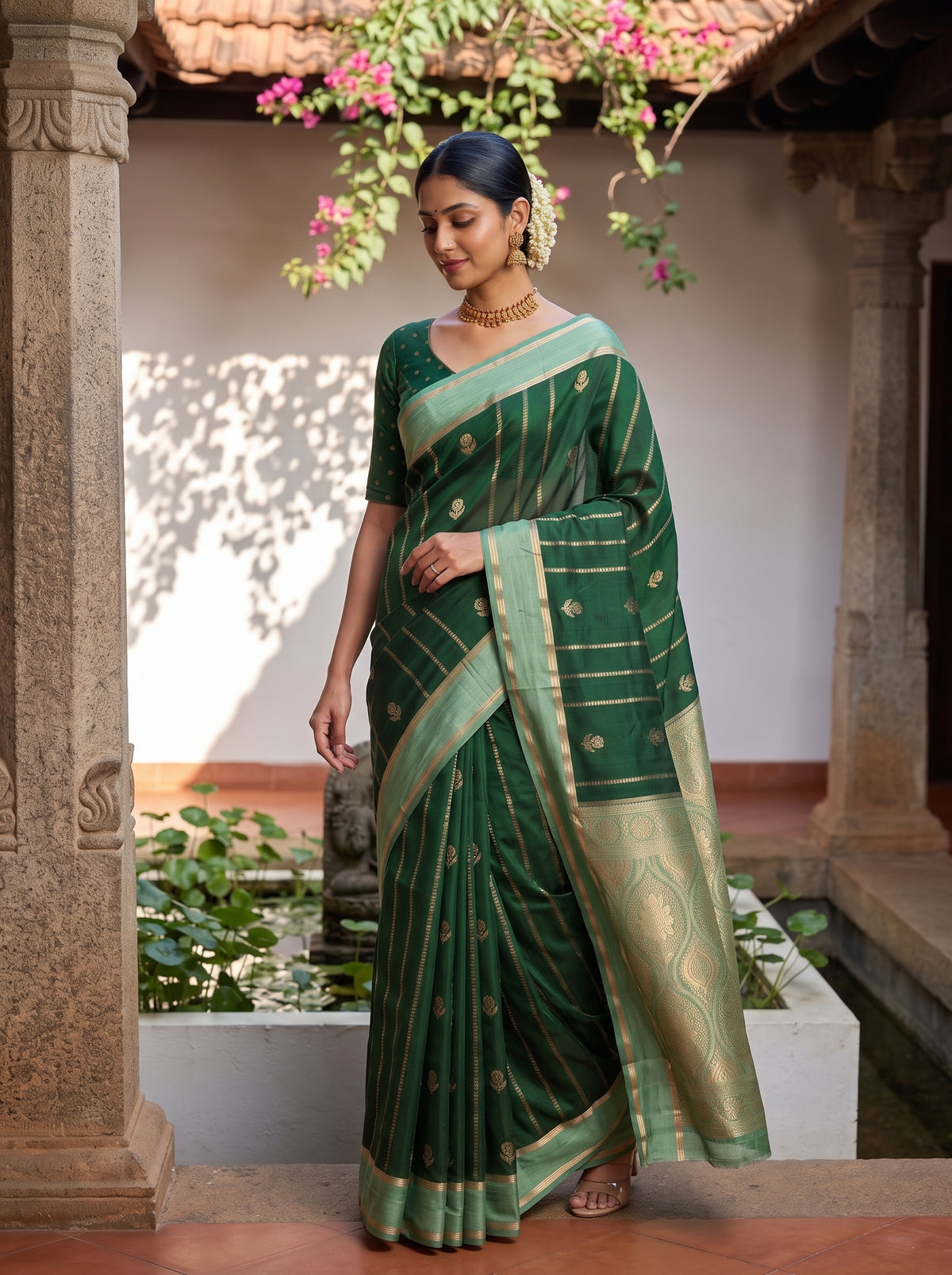 MIMOSA Bottle Green Mysore Silk Saree — pose 9 styling detail