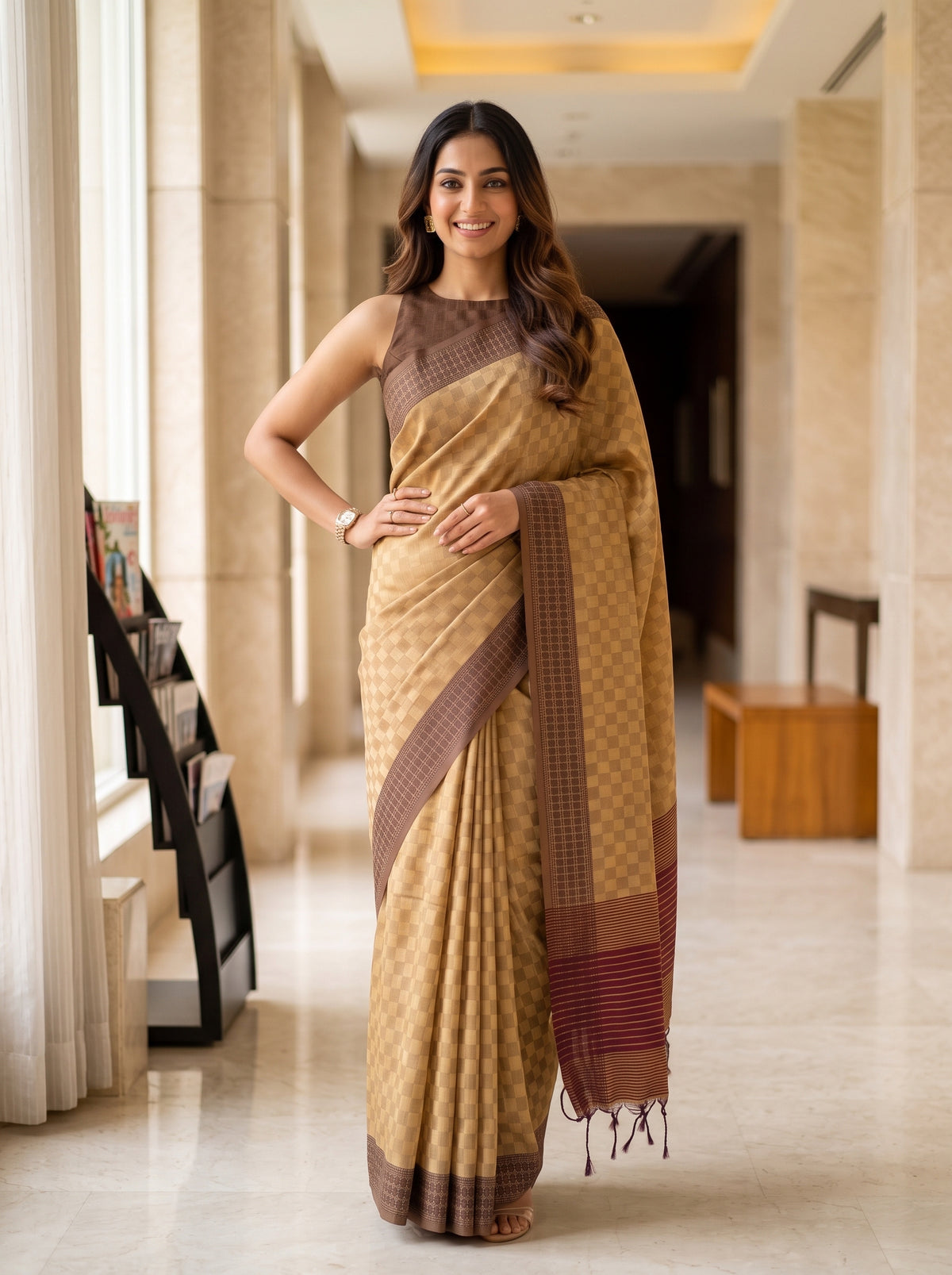 MIMOSA Chiku Bengaluru Saree — pose 4 styling detail