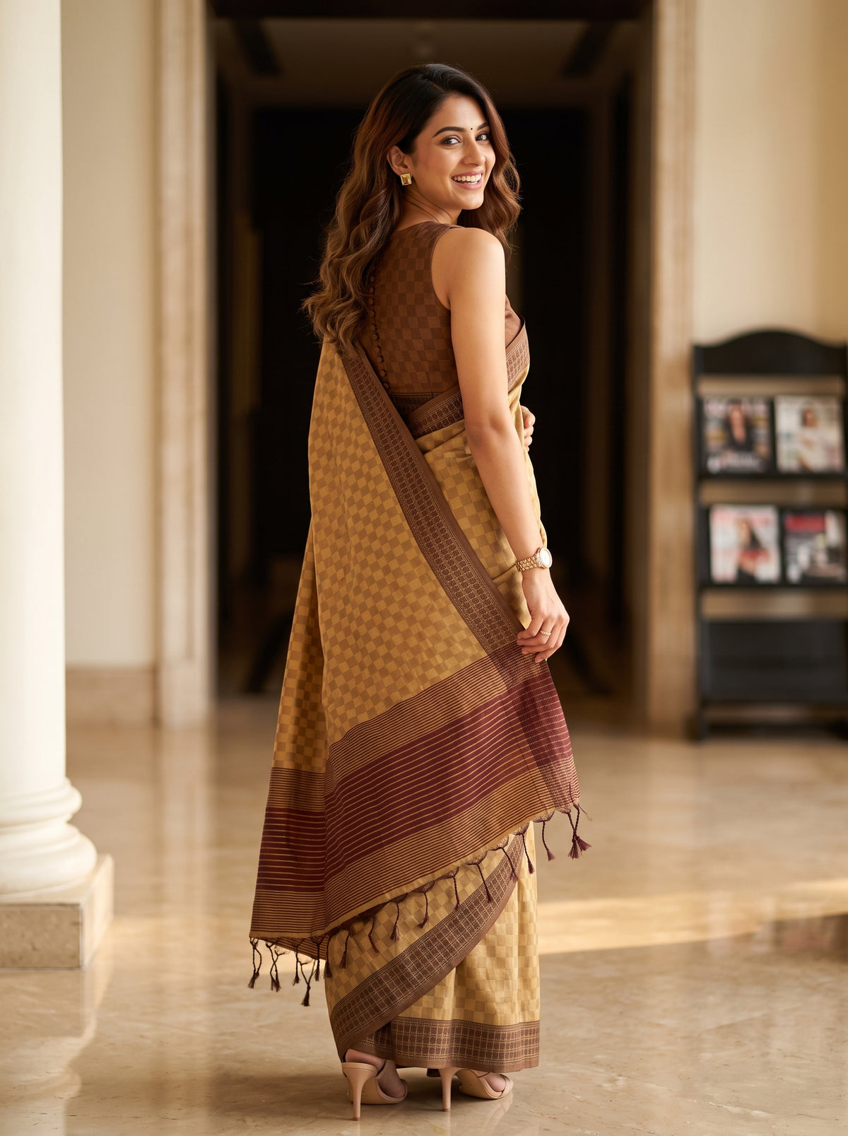 MIMOSA Chiku Bengaluru Saree — pose 7 styling detail