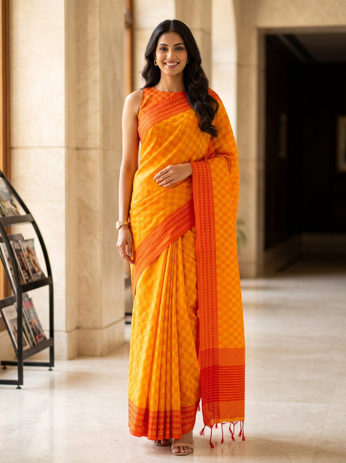 MIMOSA Gold Bengaluru Saree — front view on mannequin
