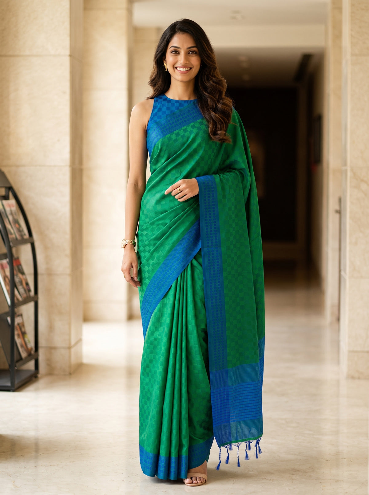 MIMOSA Green Bengaluru Saree — front view on mannequin