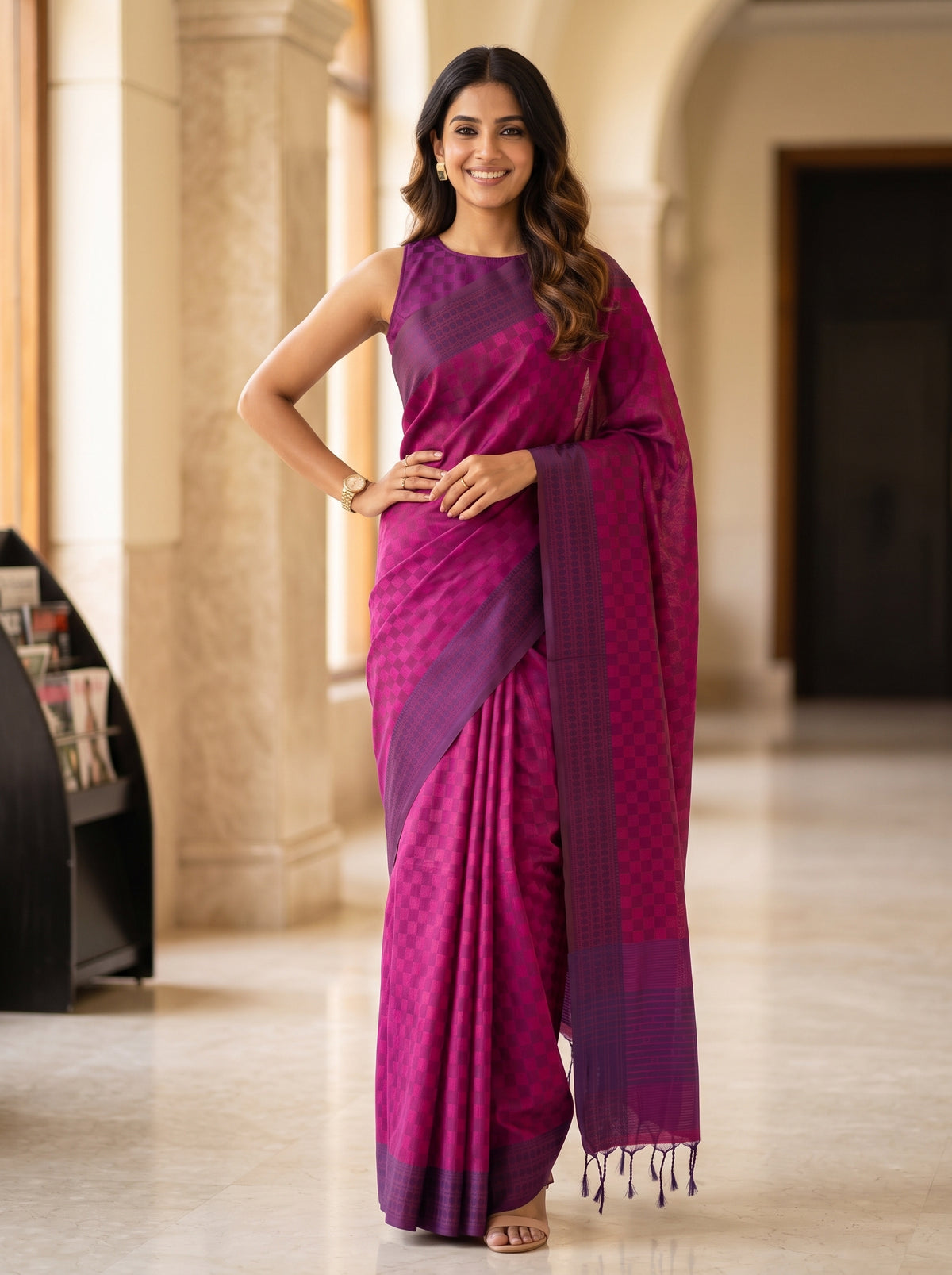MIMOSA Magenta Bengaluru Saree — pose 4 styling detail