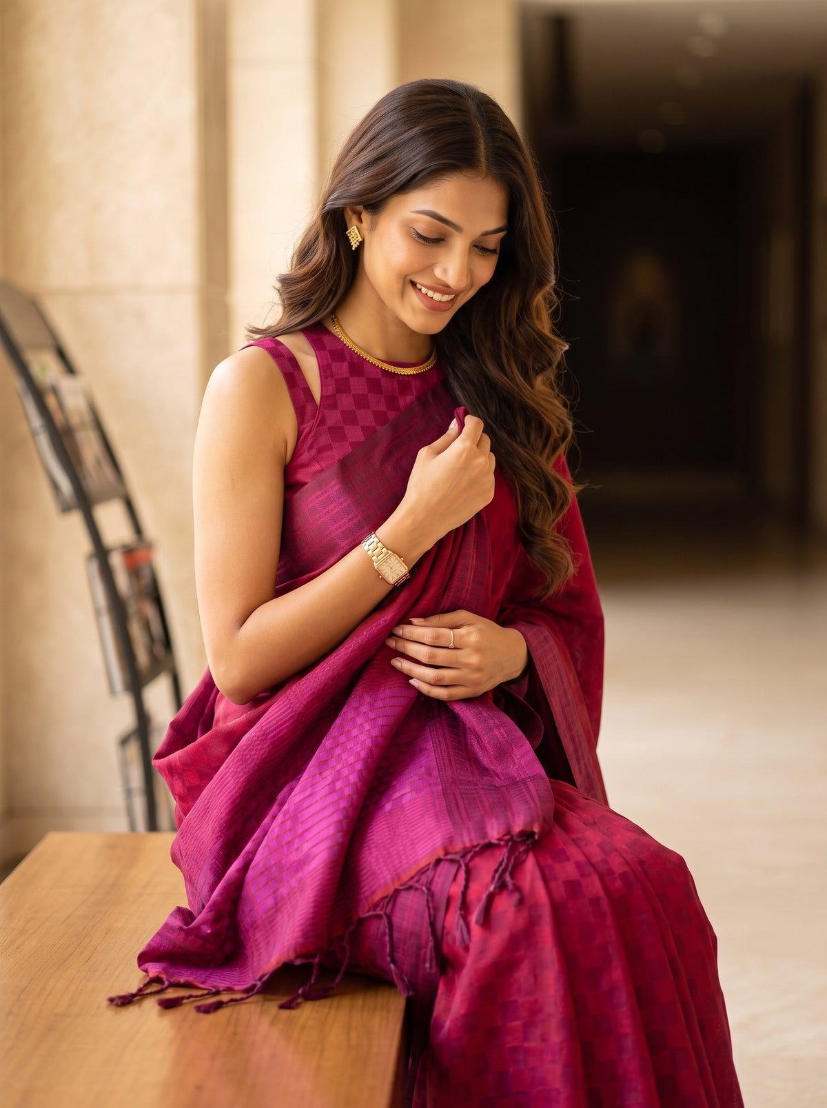 MIMOSA Maroon Bengaluru Saree — pose 10 styling detail