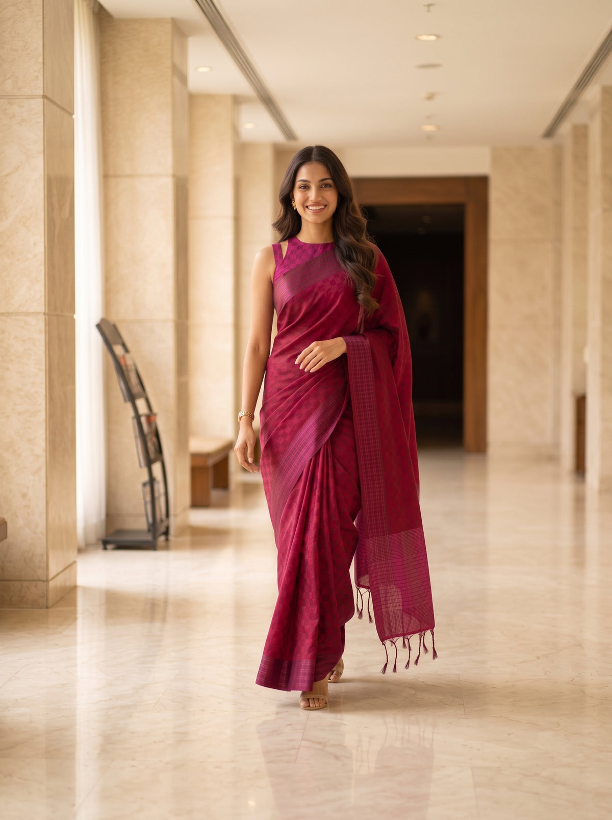 MIMOSA Maroon Bengaluru Saree — pose 6 styling detail
