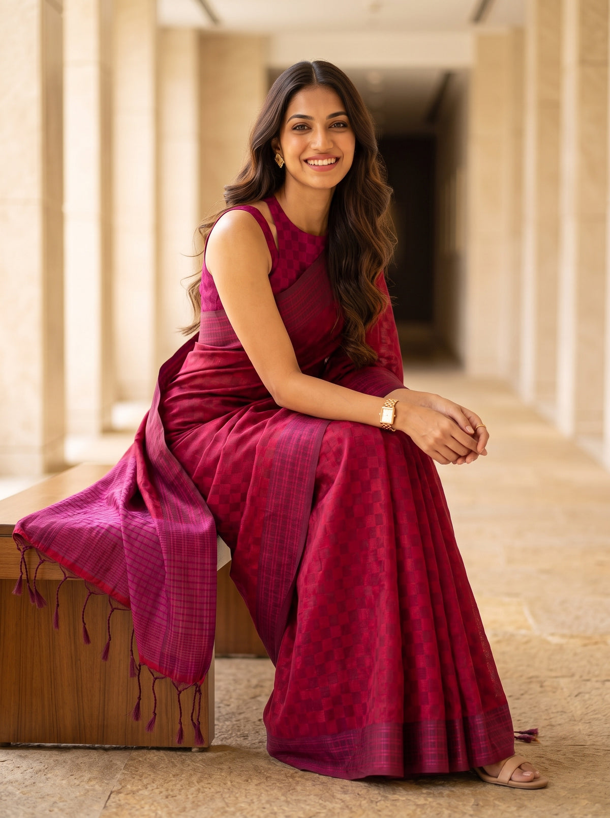 MIMOSA Maroon Bengaluru Saree — pose 8 styling detail