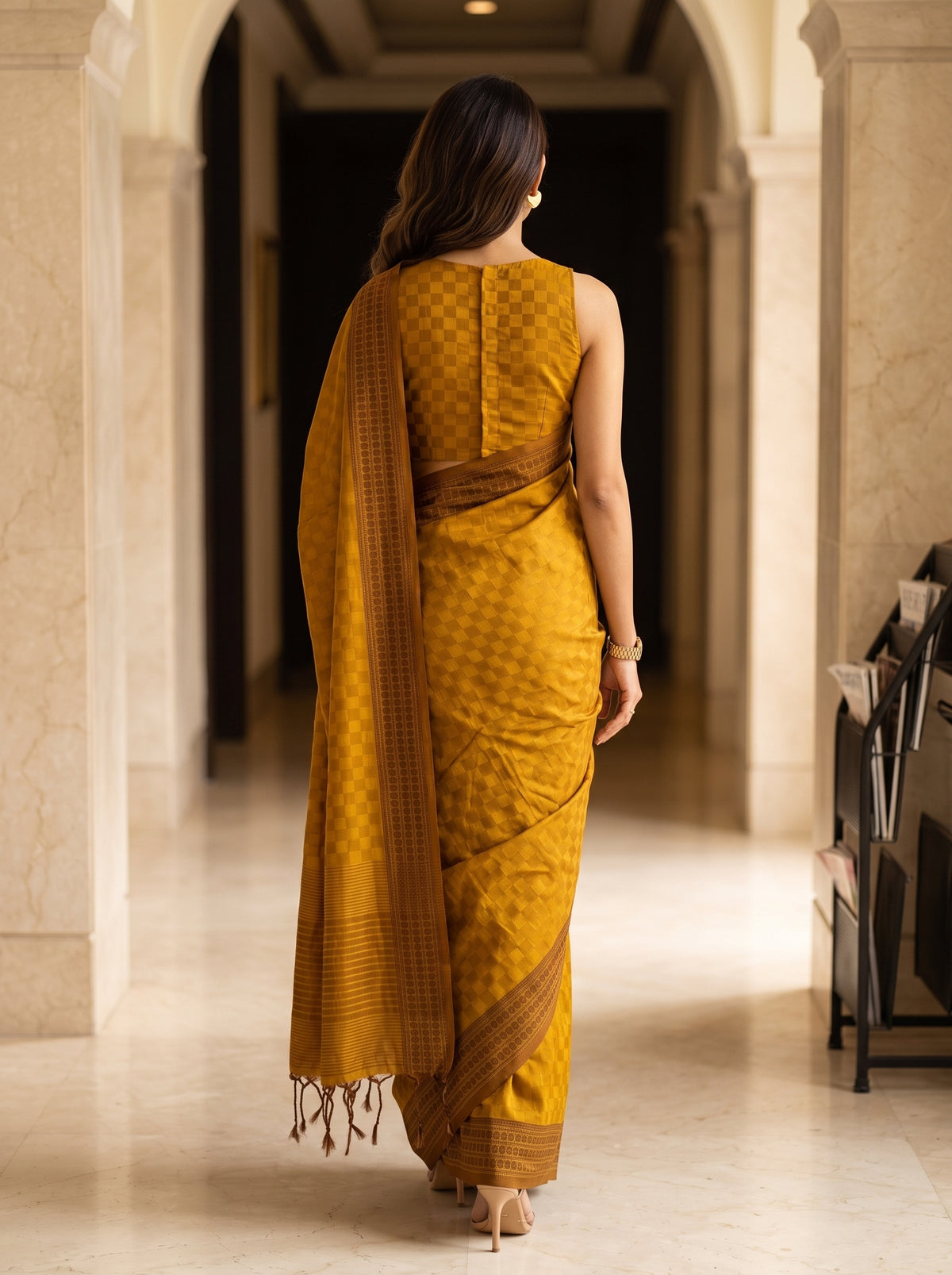 MIMOSA Mustard Bengaluru Saree — pose 2 styling detail