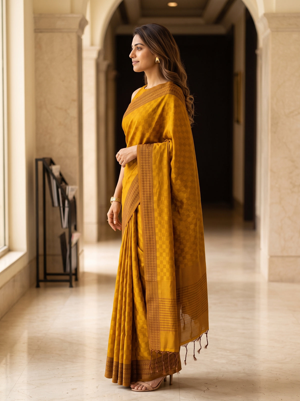 MIMOSA Mustard Bengaluru Saree — pose 3 styling detail