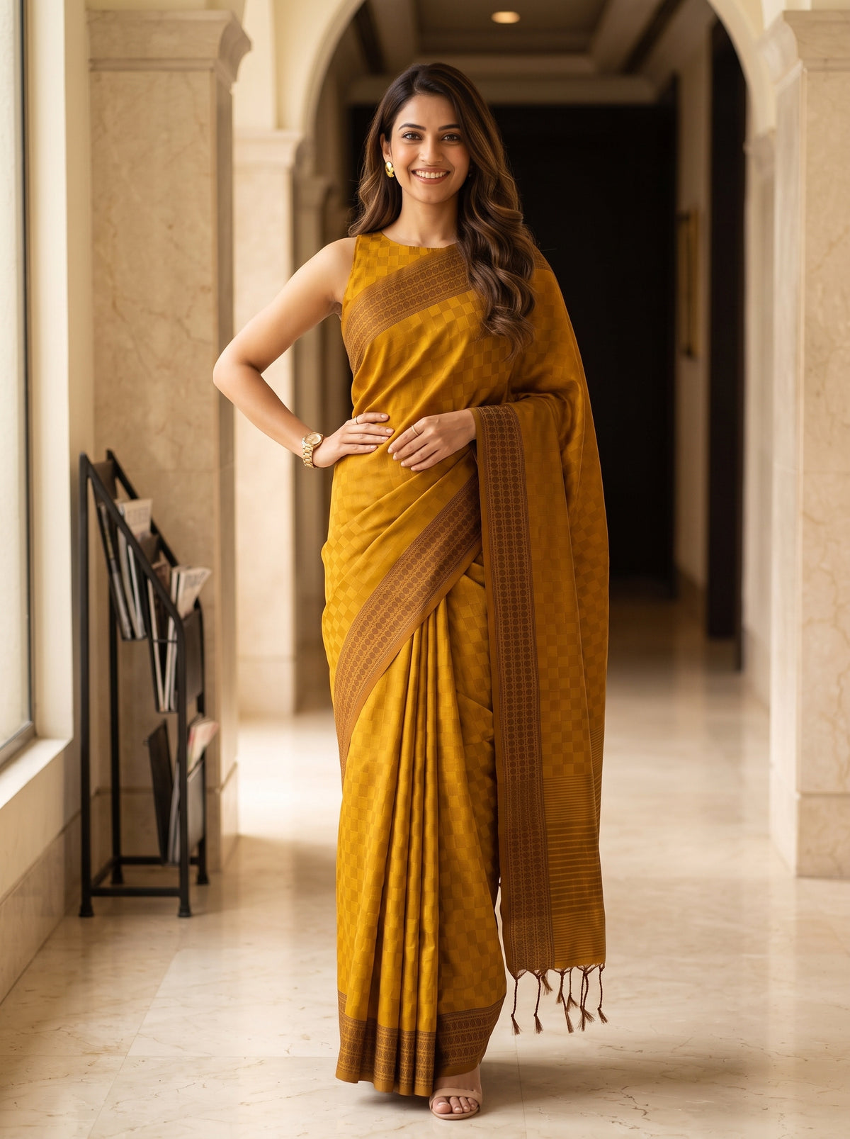 MIMOSA Mustard Bengaluru Saree — pose 4 styling detail