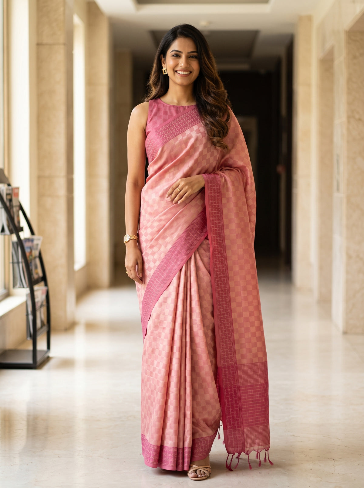 MIMOSA Pink Bengaluru Saree — front view on mannequin