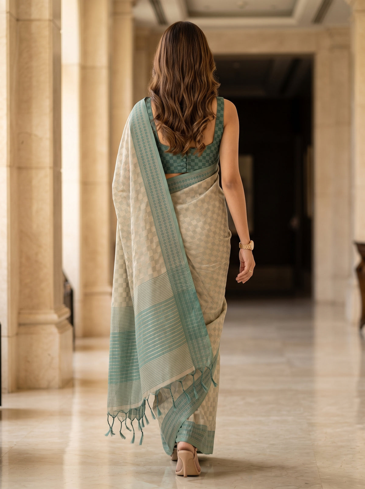 MIMOSA Tussar Bengaluru Saree — pose 2 styling detail