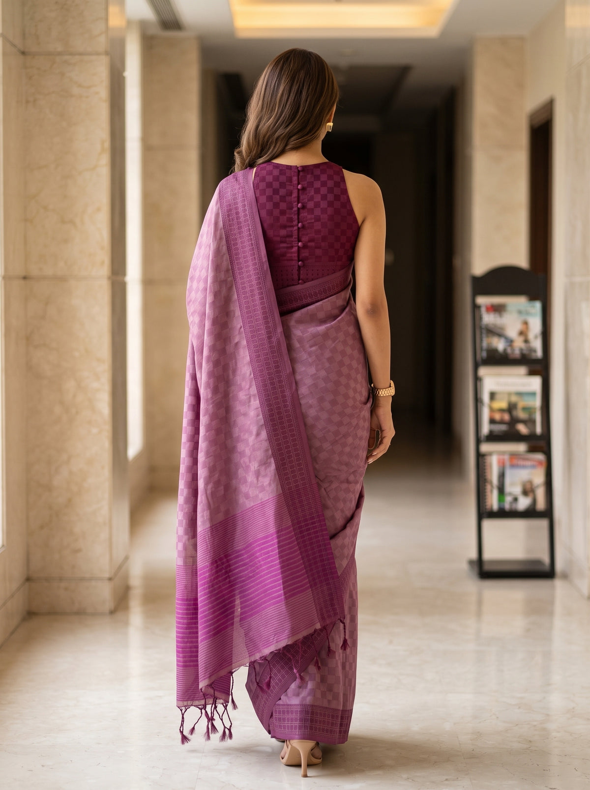 MIMOSA Wine Bengaluru Saree — pose 2 styling detail