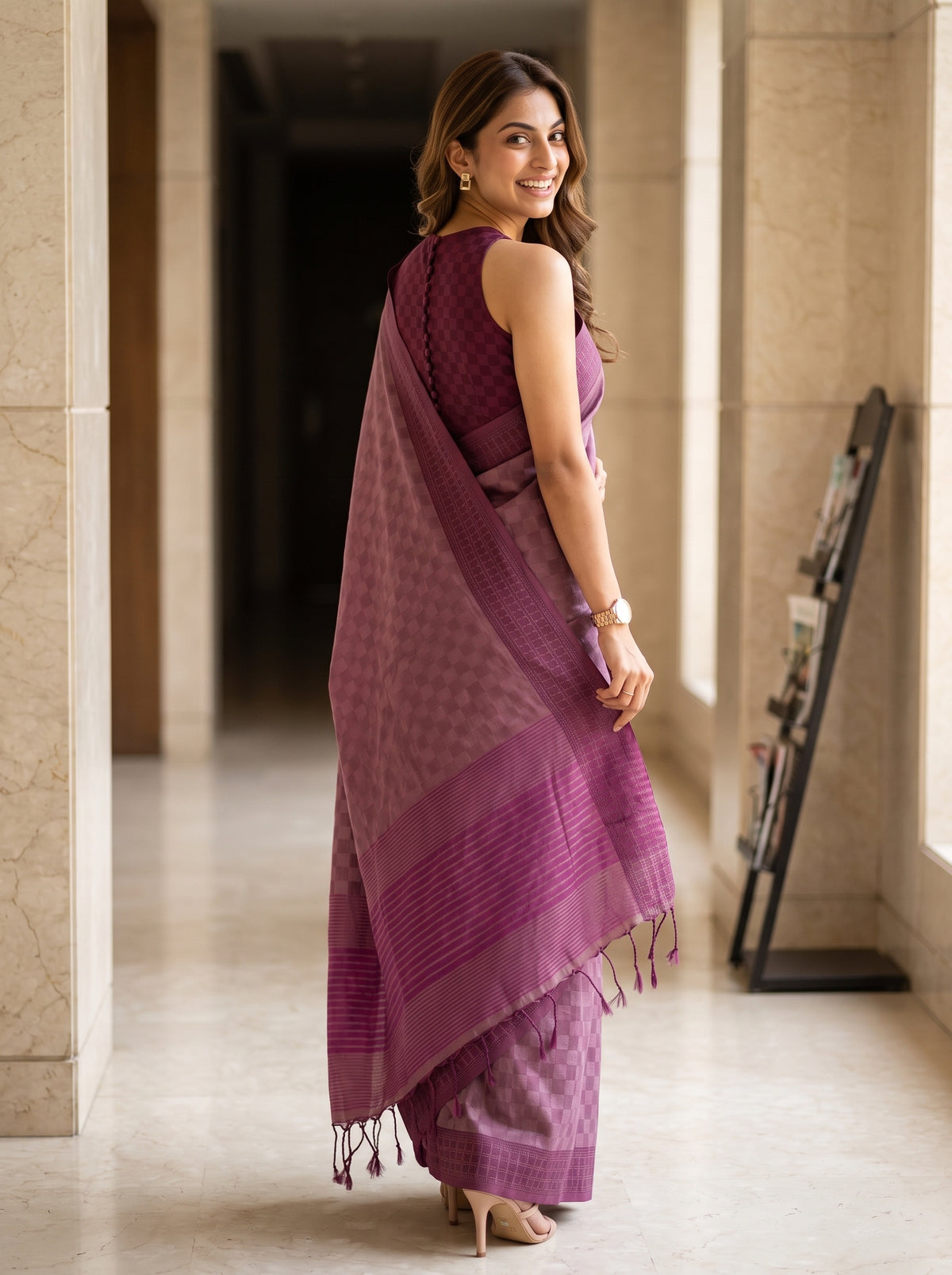 MIMOSA Wine Bengaluru Saree — pose 7 styling detail