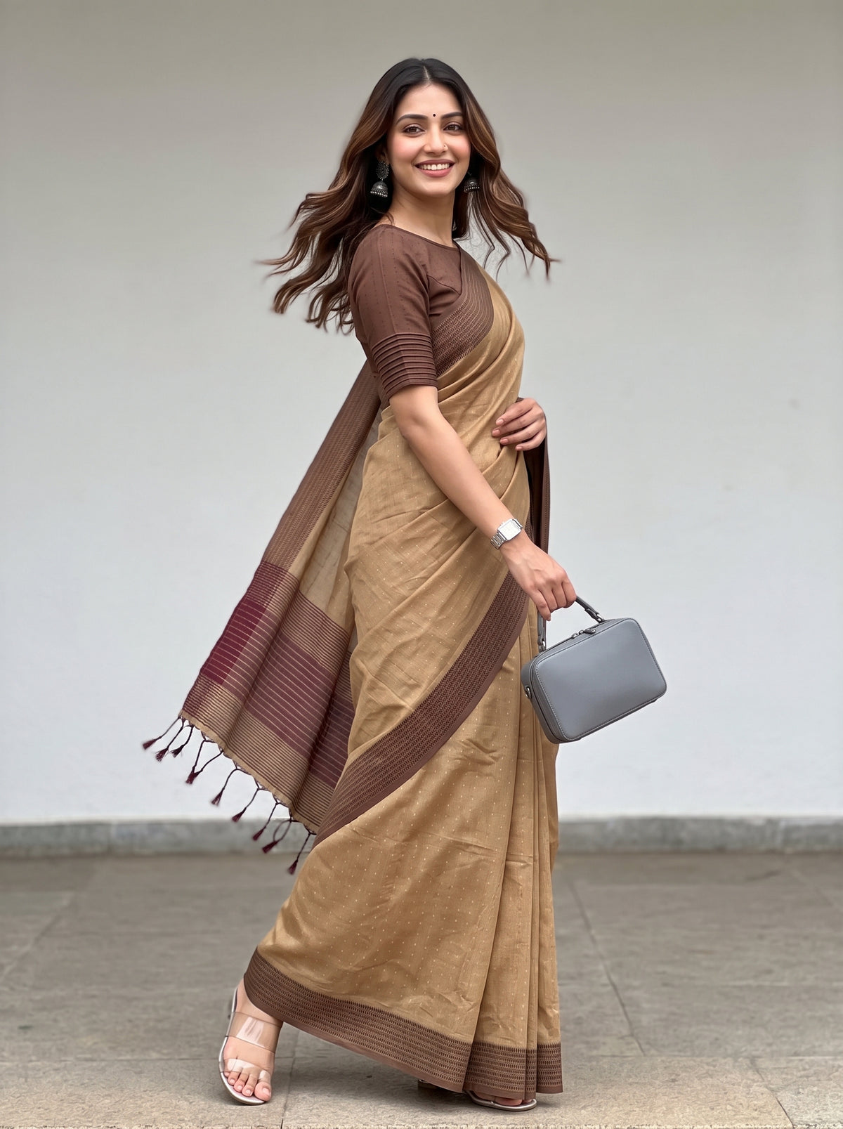 MIMOSA Chiku Bengaluru Art Silk Saree — pose 5 styling detail