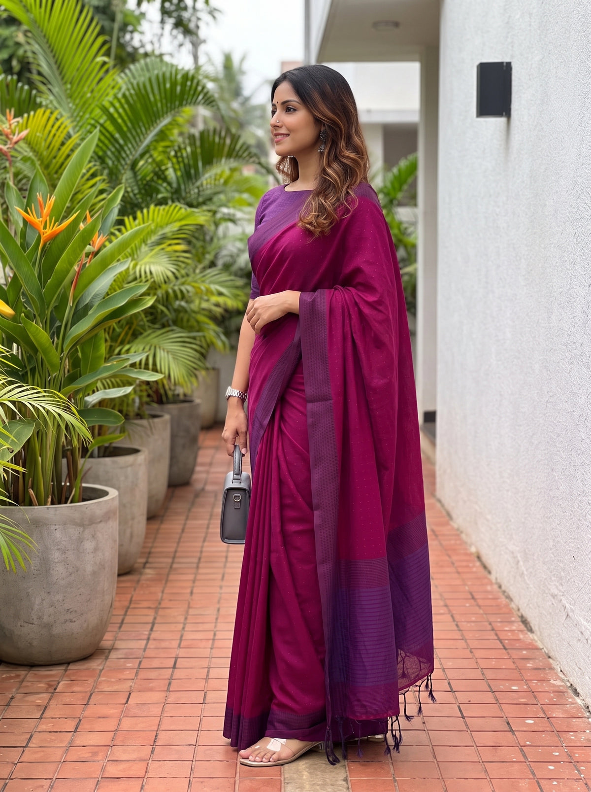 MIMOSA Magenta Bengaluru Art Silk Saree — pose 3 styling detail