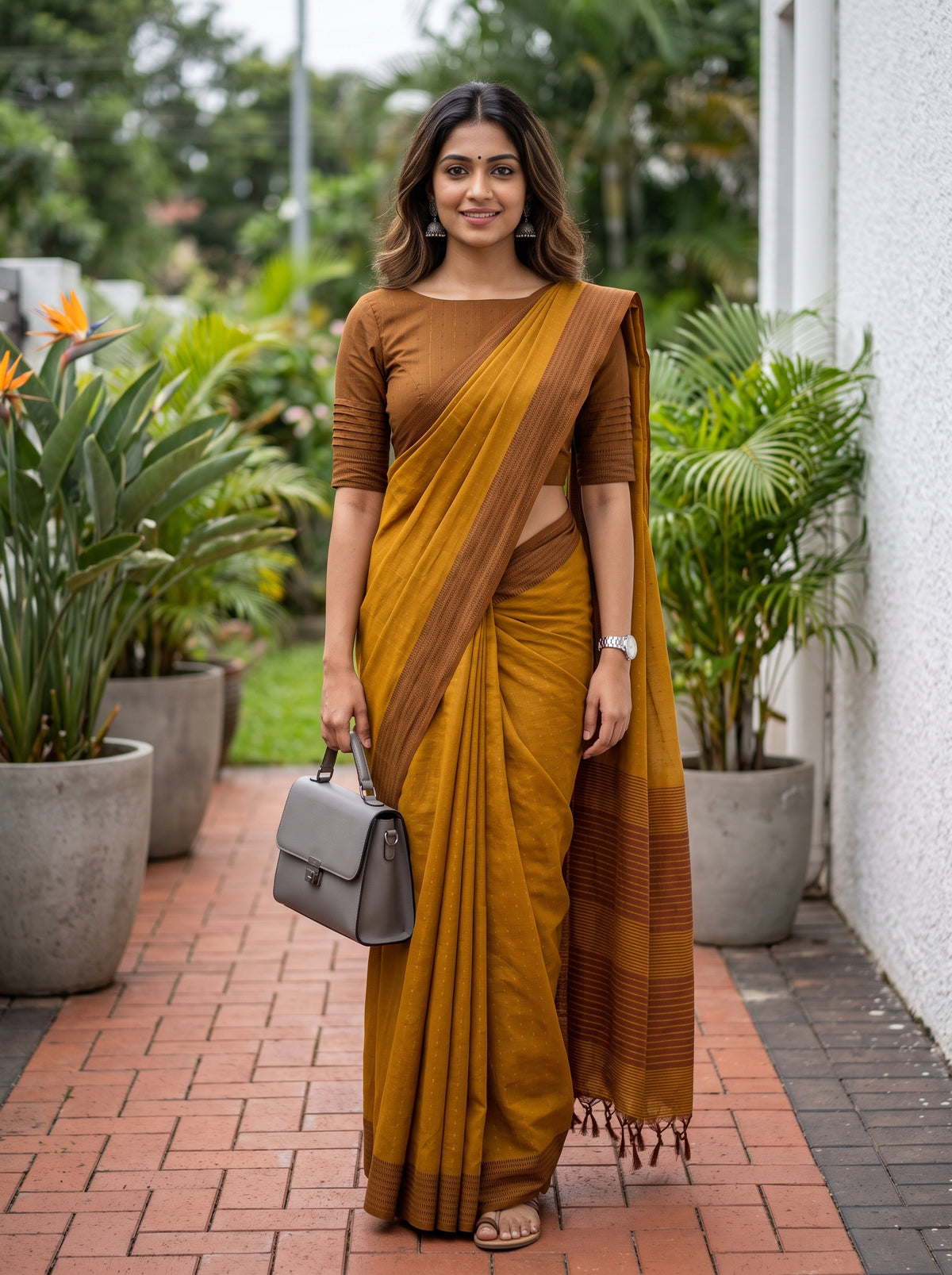 MIMOSA Mustard Bengaluru Art Silk Saree — AI Model lifestyle