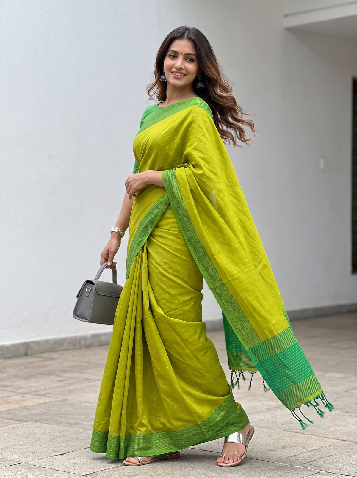 MIMOSA Parrot Green Bengaluru Art Silk Saree — pose 5 styling detail