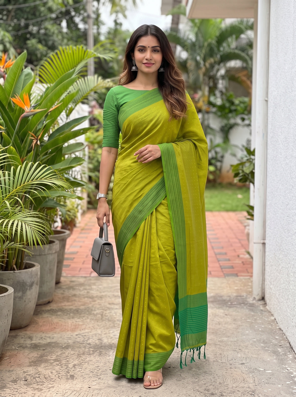 MIMOSA Parrot Green Bengaluru Art Silk Saree — pose 6 styling detail