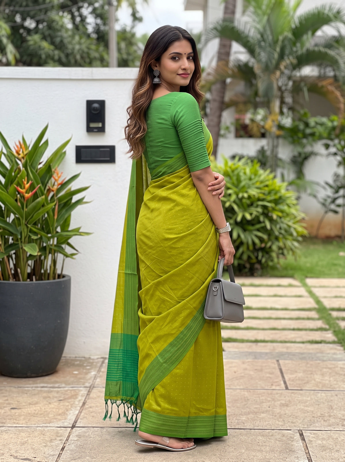 MIMOSA Parrot Green Bengaluru Art Silk Saree — pose 7 styling detail