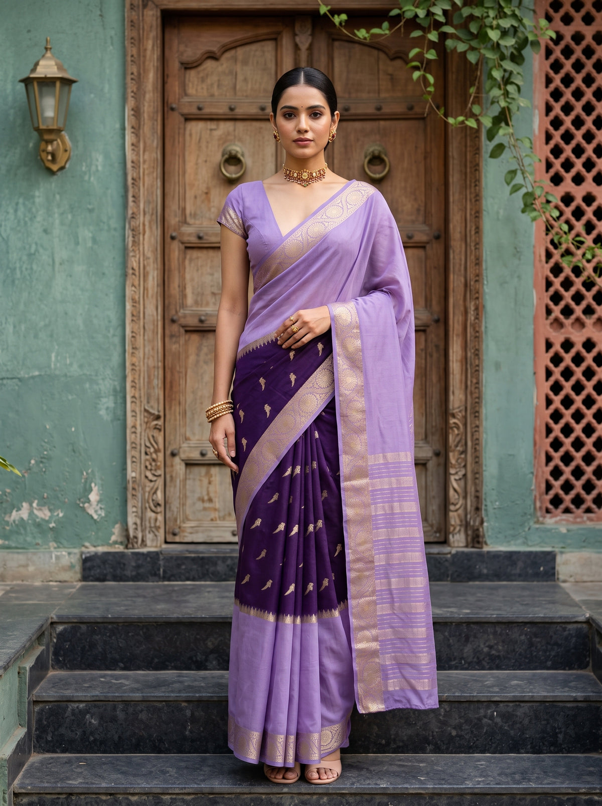 MIMOSA Magenta Mysore Silk Crepe Saree — AI Model lifestyle pose 1