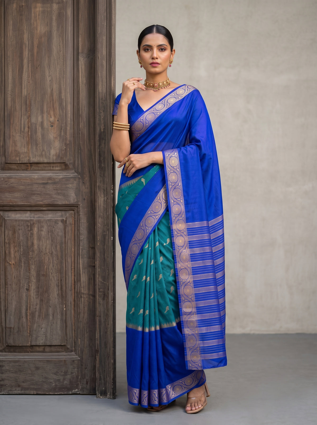 MIMOSA Sapphire Mysore Silk Crepe Saree — pose 5 styling detail