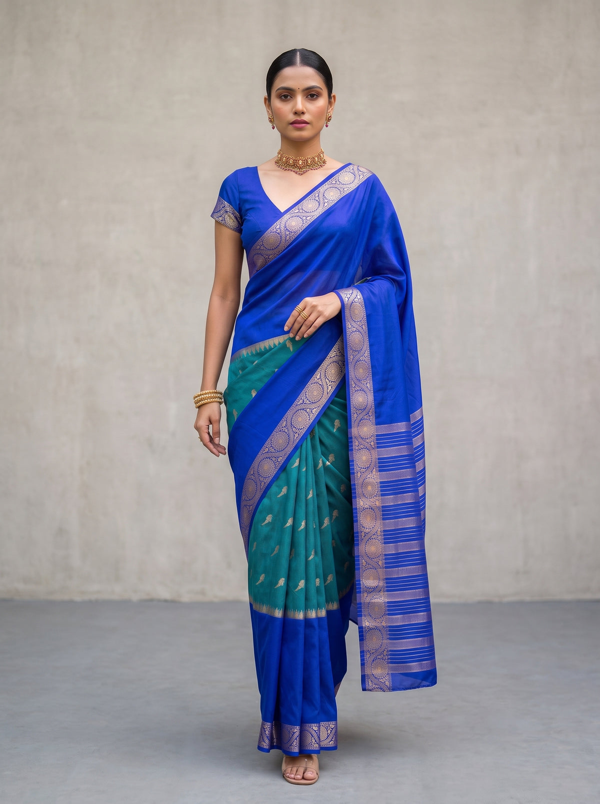 MIMOSA Sapphire Mysore Silk Crepe Saree — pose 6 styling detail