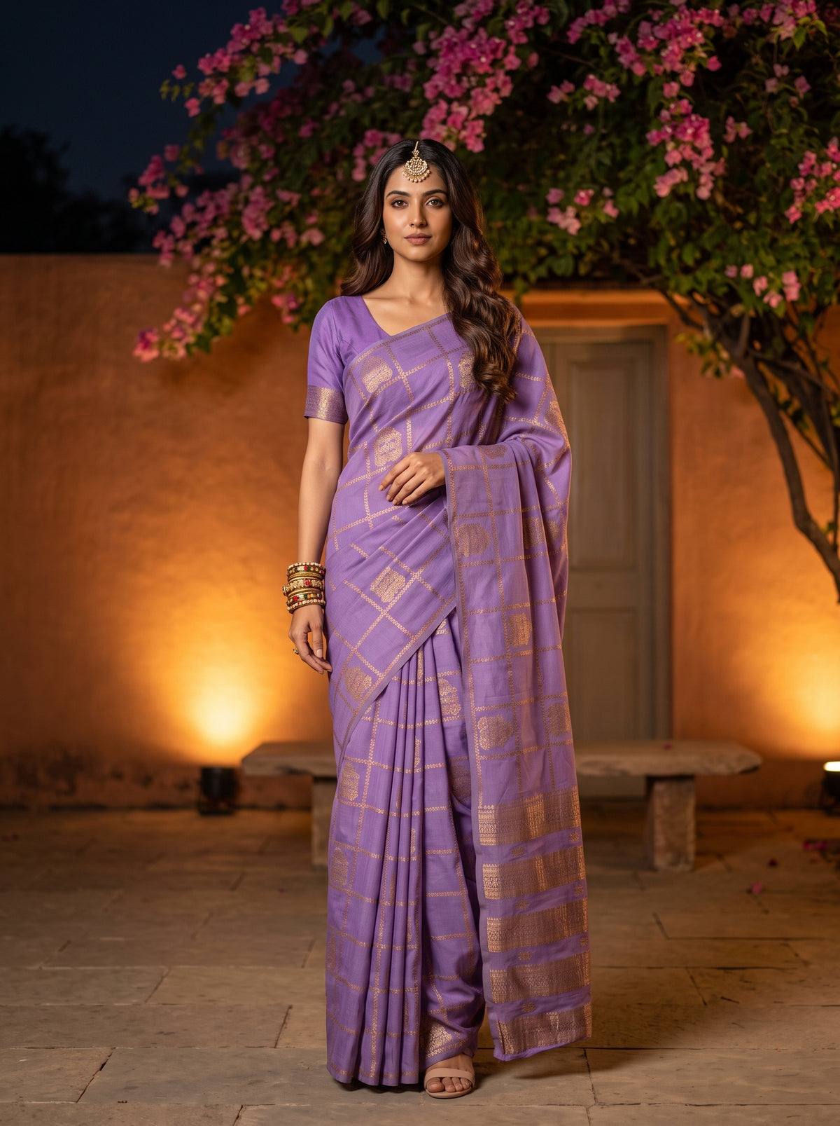 MIMOSA Lavender Mysore Silk Crepe Saree — front view on mannequin