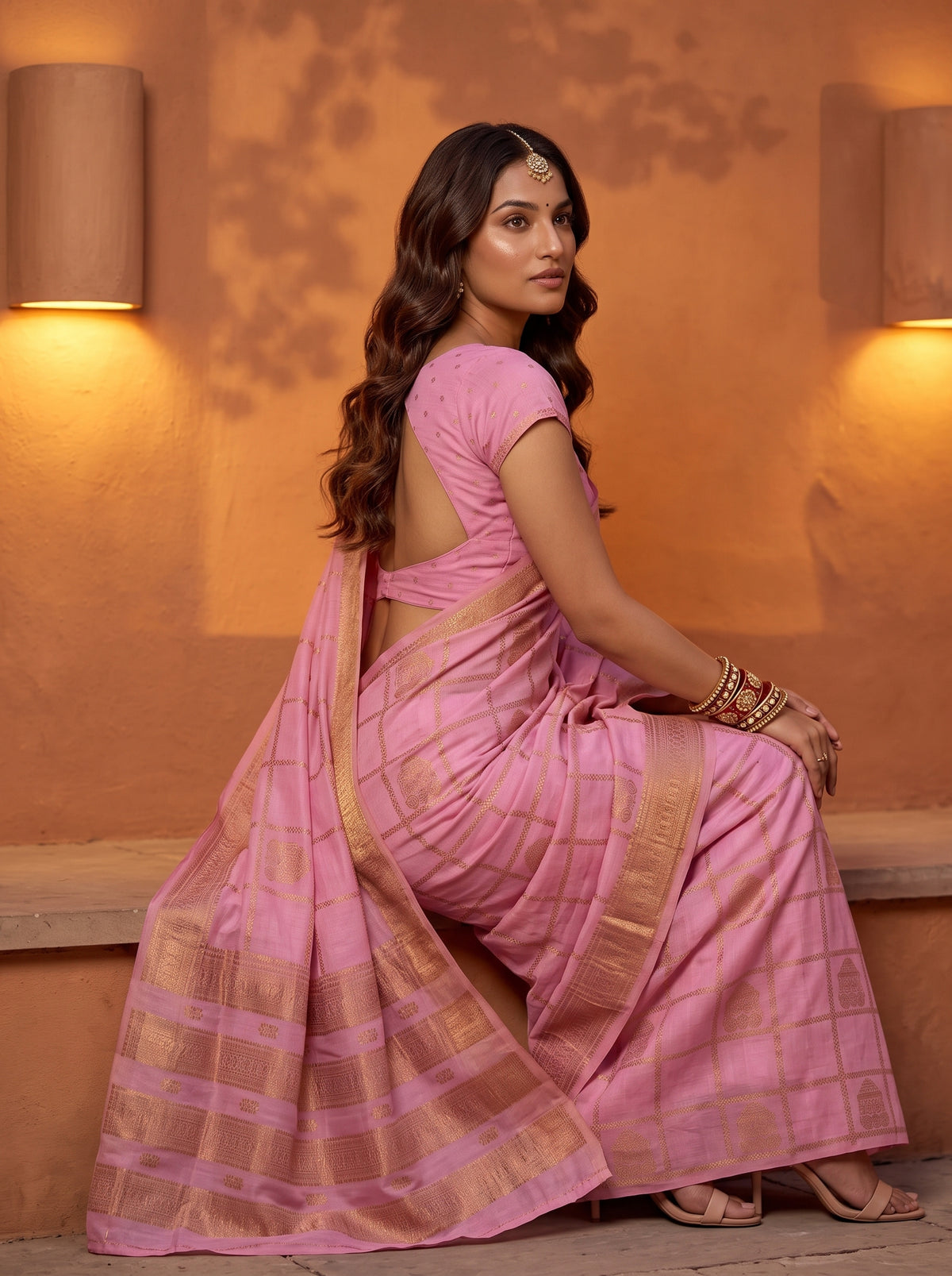 MIMOSA Pink Mysore Silk Crepe Saree — pose 10 styling detail