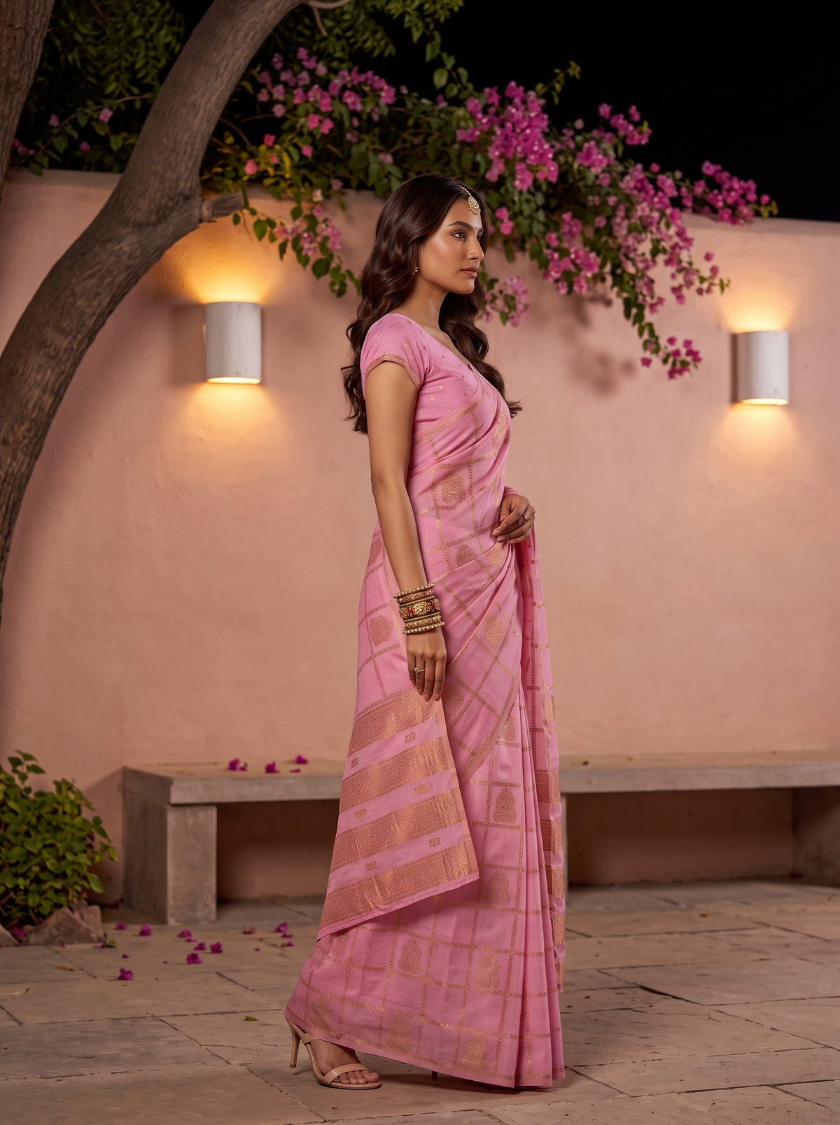 MIMOSA Pink Mysore Silk Crepe Saree — pose 3 styling detail