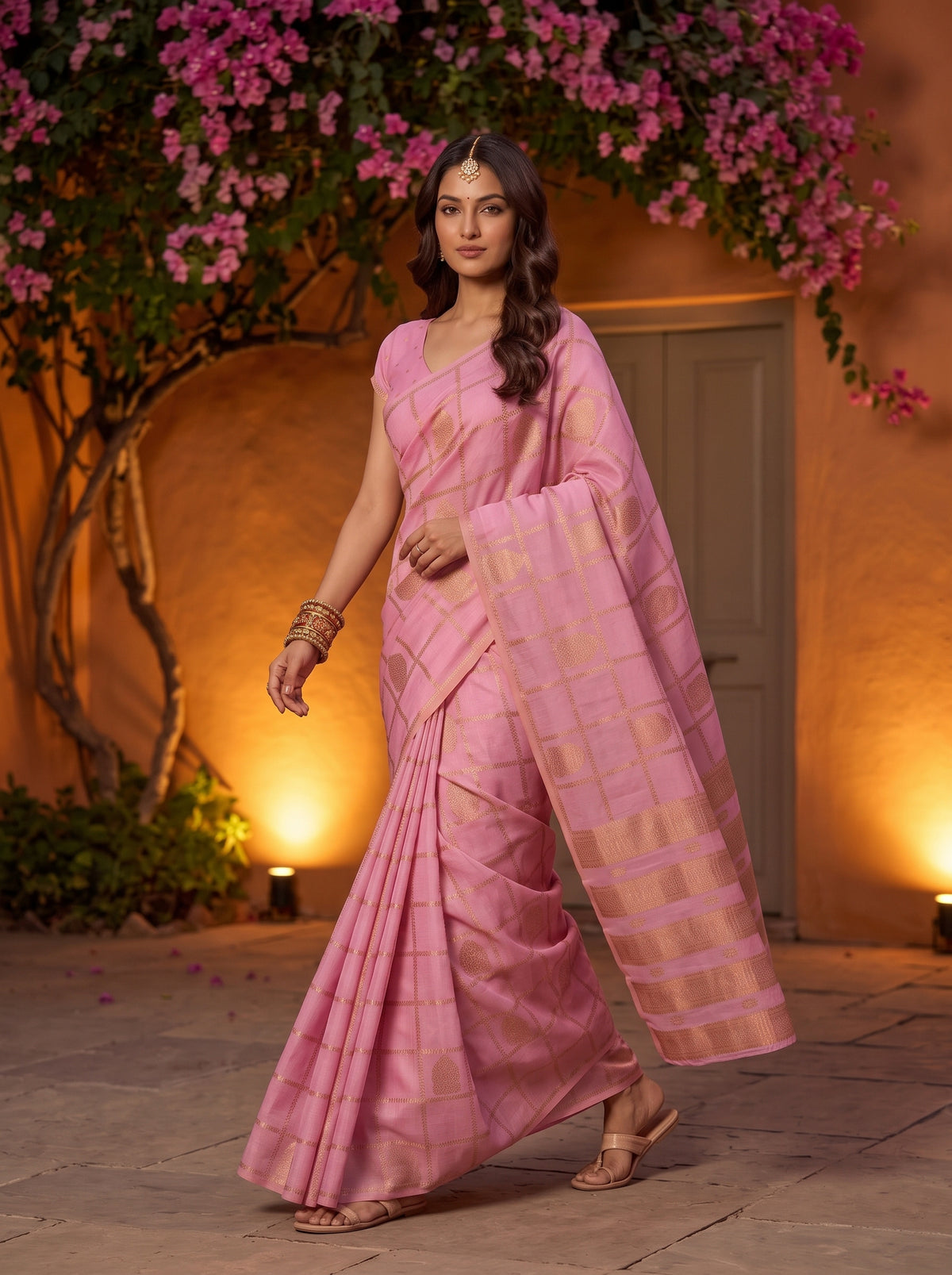 MIMOSA Pink Mysore Silk Crepe Saree — pose 6 styling detail