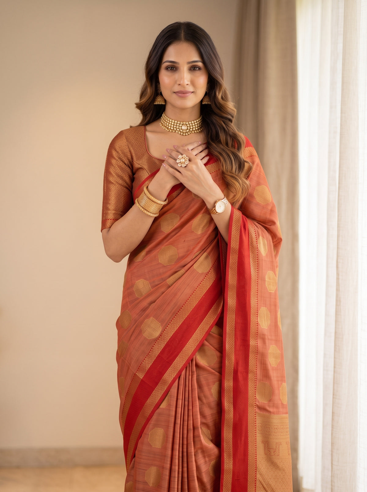 MIMOSA Orange Banarasi Saree — pose 10 styling detail