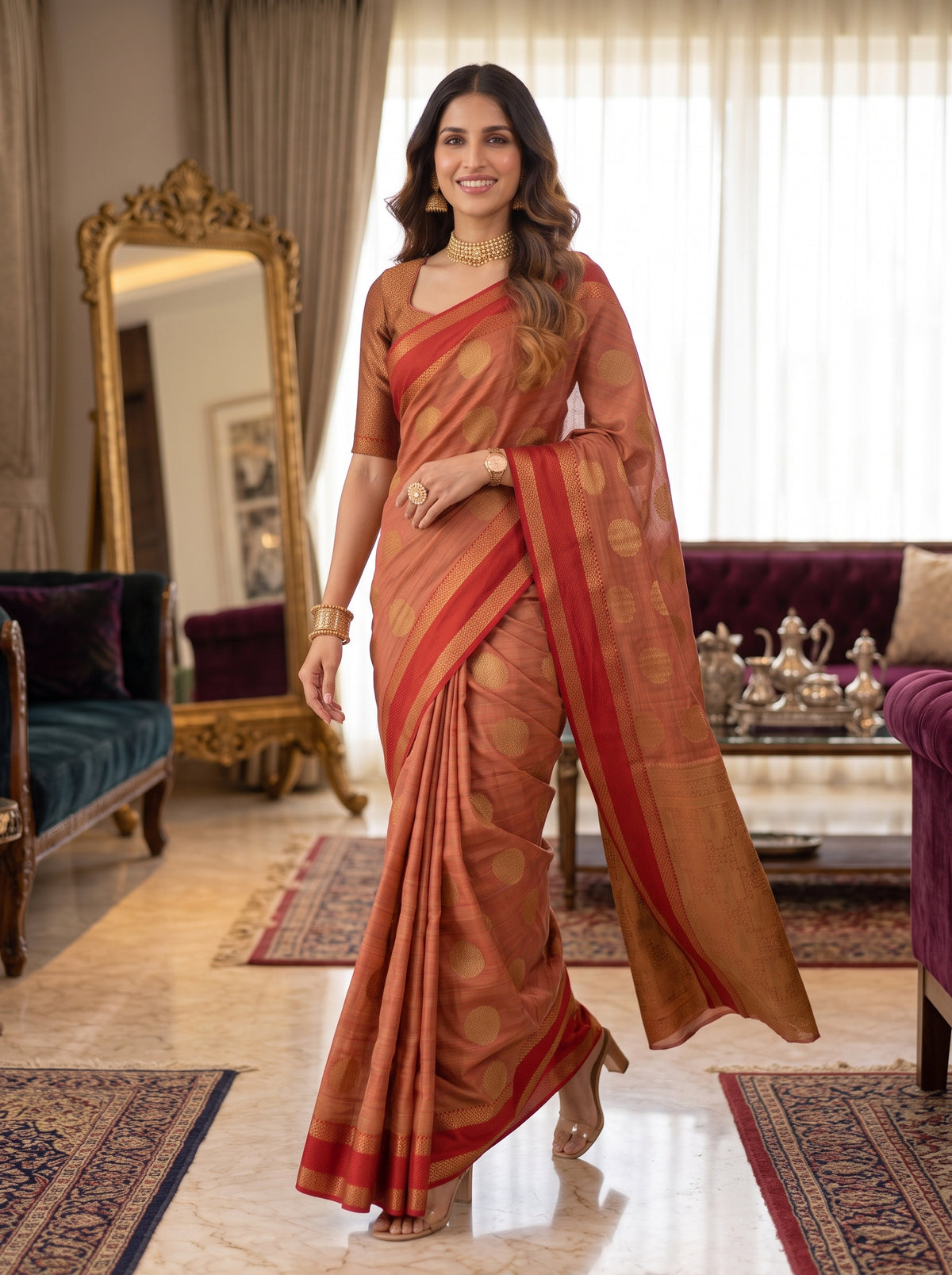 MIMOSA Orange Banarasi Saree — pose 6 styling detail