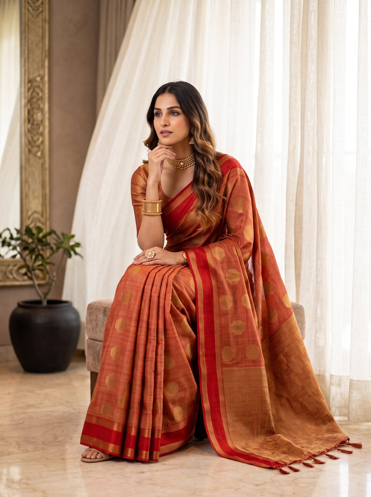MIMOSA Orange Banarasi Saree — pose 8 styling detail