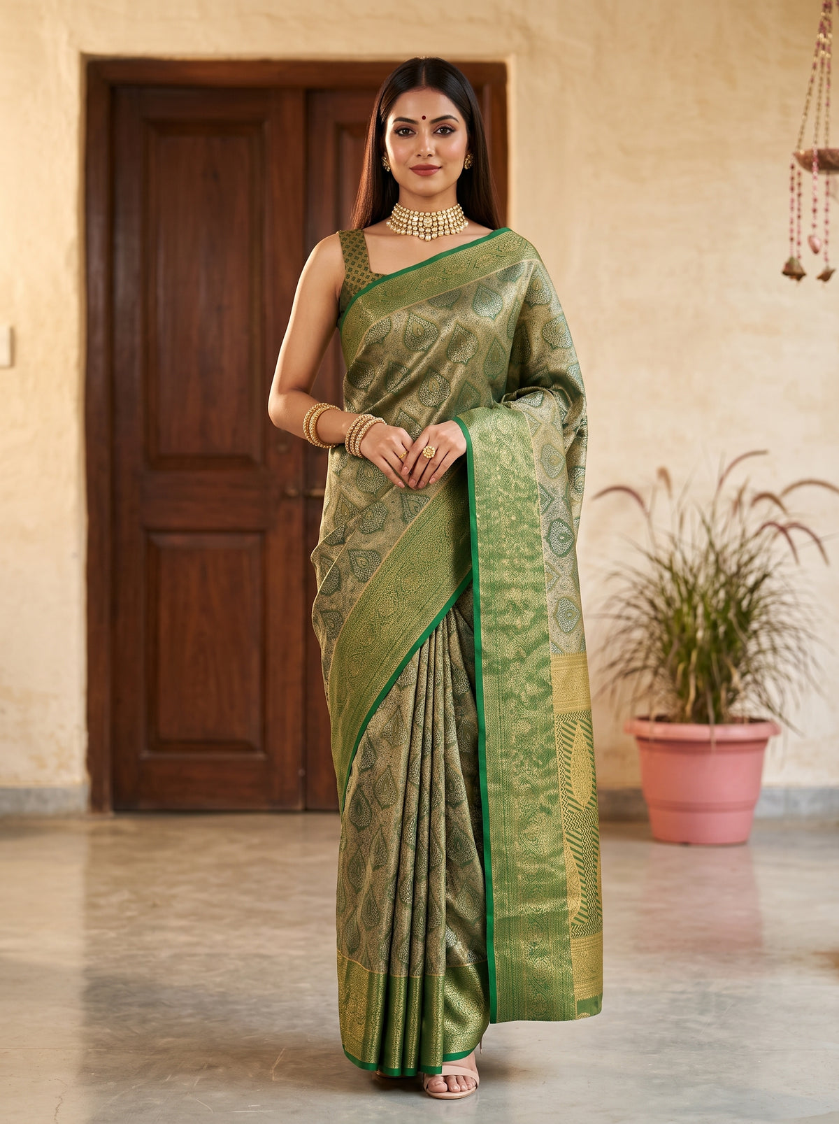 MIMOSA Green Kanjivaram Art Silk Saree — Model lifestyle pose