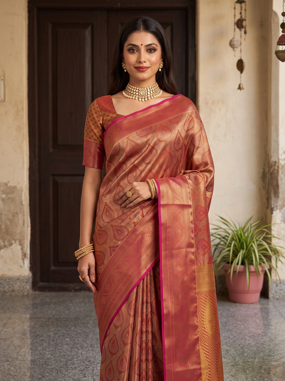 MIMOSA Maroon Kanjivaram Saree — pose 10 styling detail