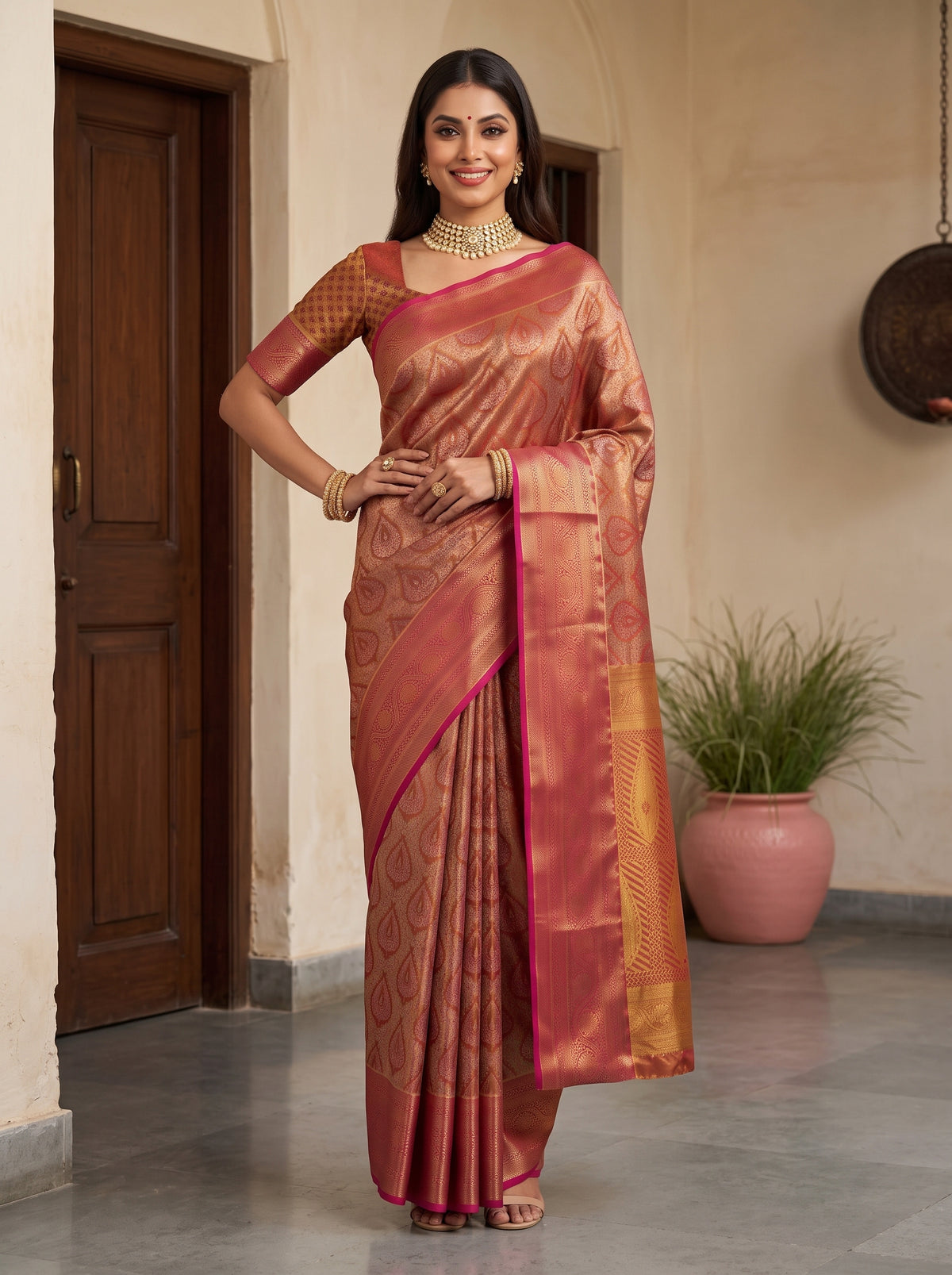 MIMOSA Maroon Kanjivaram Saree — pose 4 styling detail