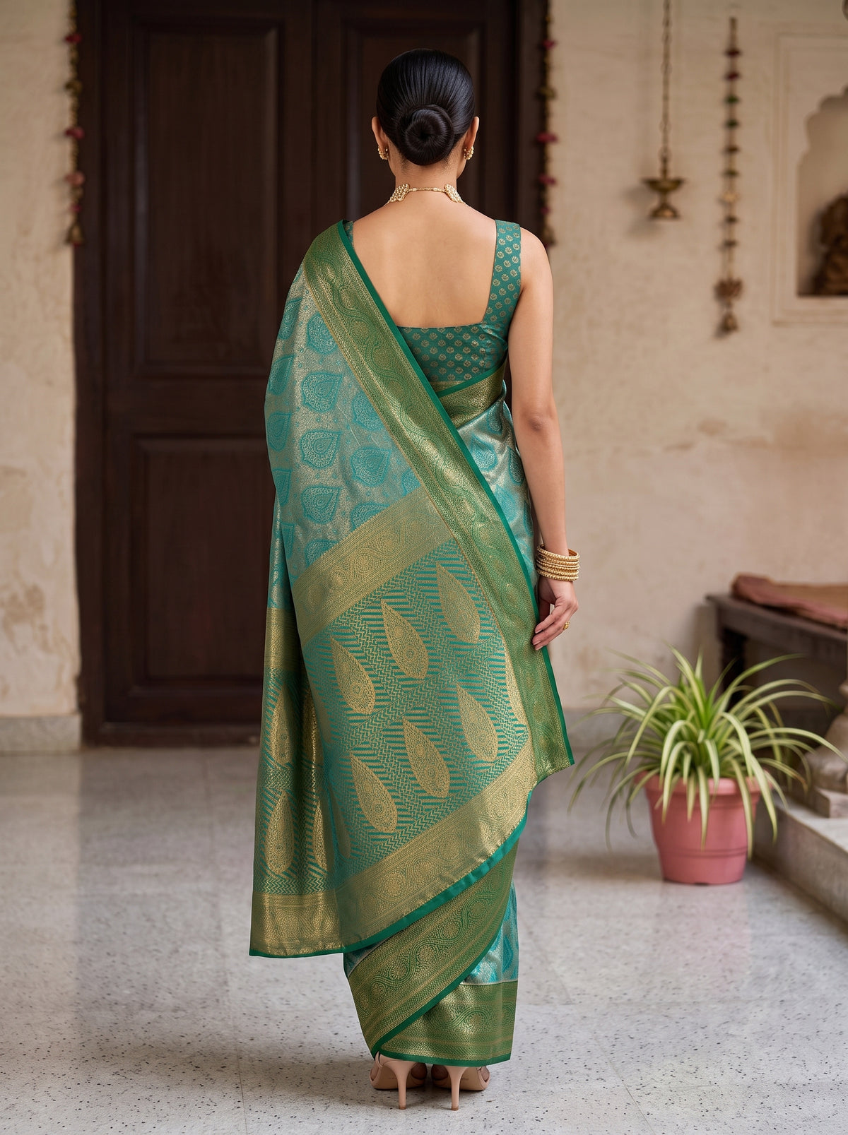 MIMOSA Rama Kanjivaram Art Silk Saree — Saree shot with pallu and body details