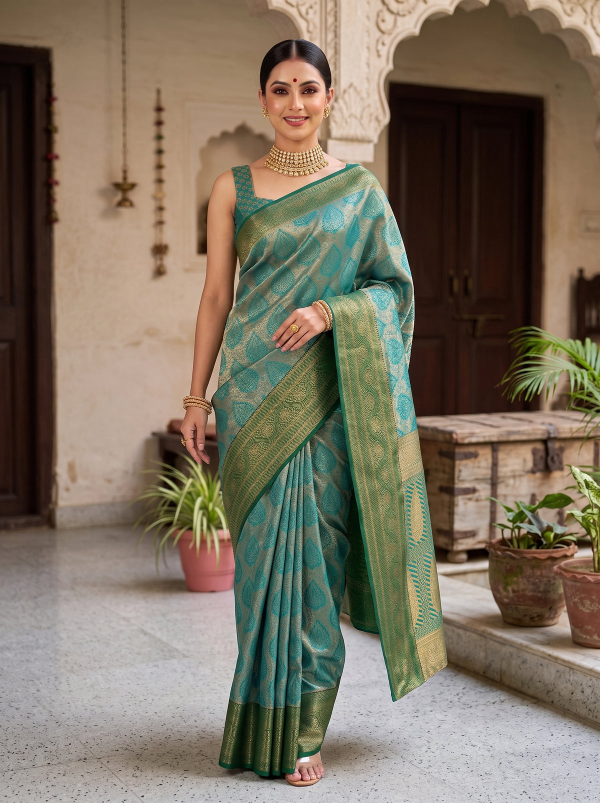 MIMOSA Rama Kanjivaram Saree — pose 6 styling detail