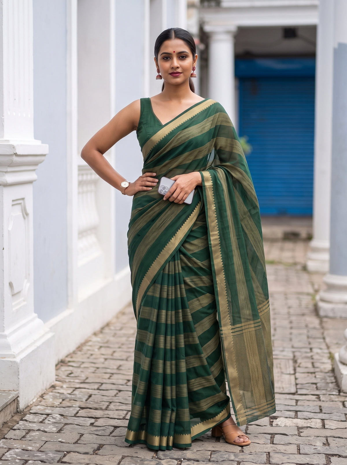 MIMOSA Bottle Green Mysore Silk Crepe Saree — pose 4 styling detail
