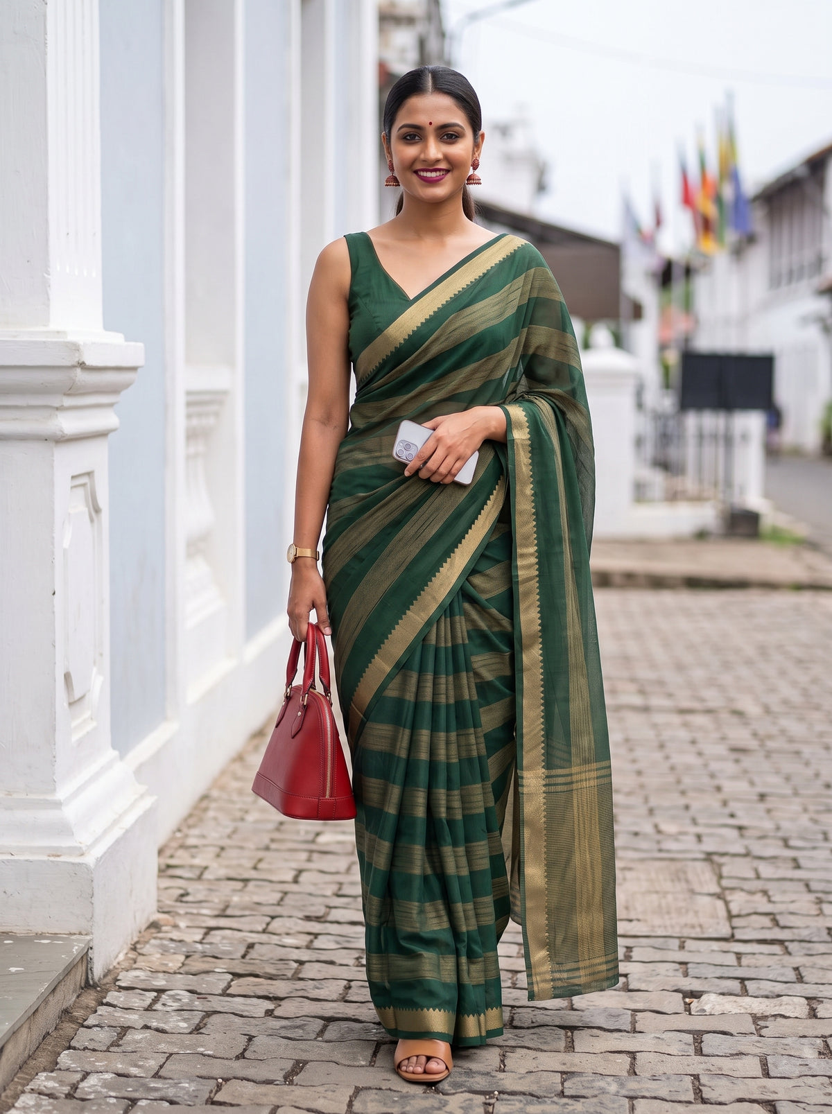 MIMOSA Bottle Green Mysore Silk Crepe Saree — pose 6 styling detail
