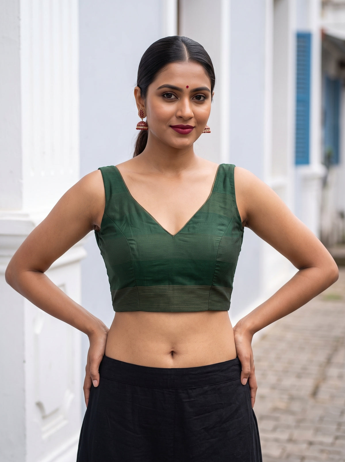 MIMOSA Bottle Green Mysore Silk Crepe Saree — blouse close-up