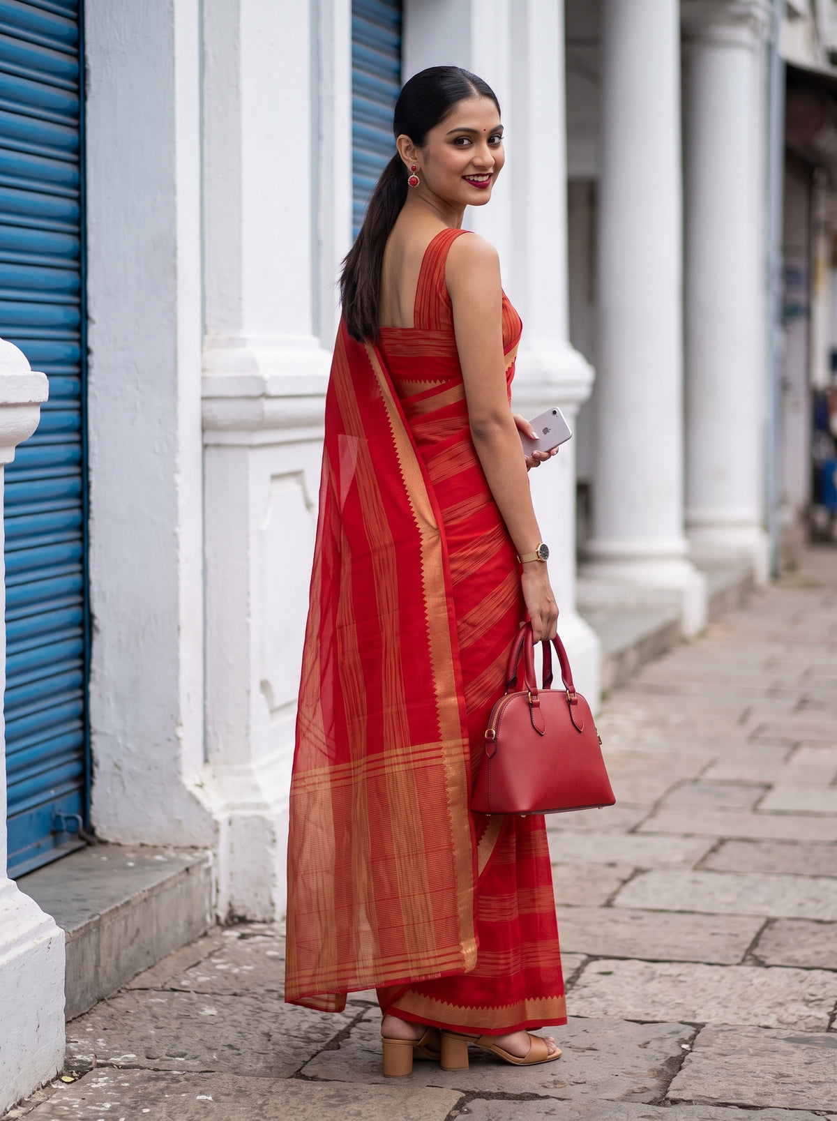MIMOSA Red Mysore Silk Crepe Saree — pose 7 styling detail