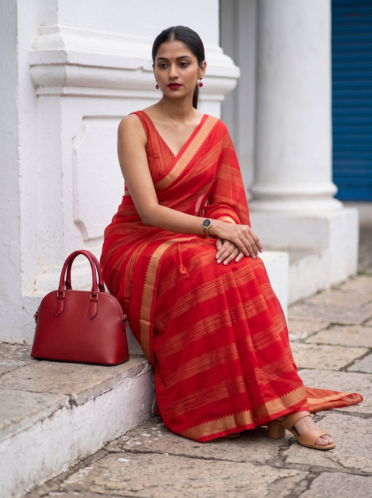 MIMOSA Red Mysore Silk Crepe Saree — pose 8 styling detail