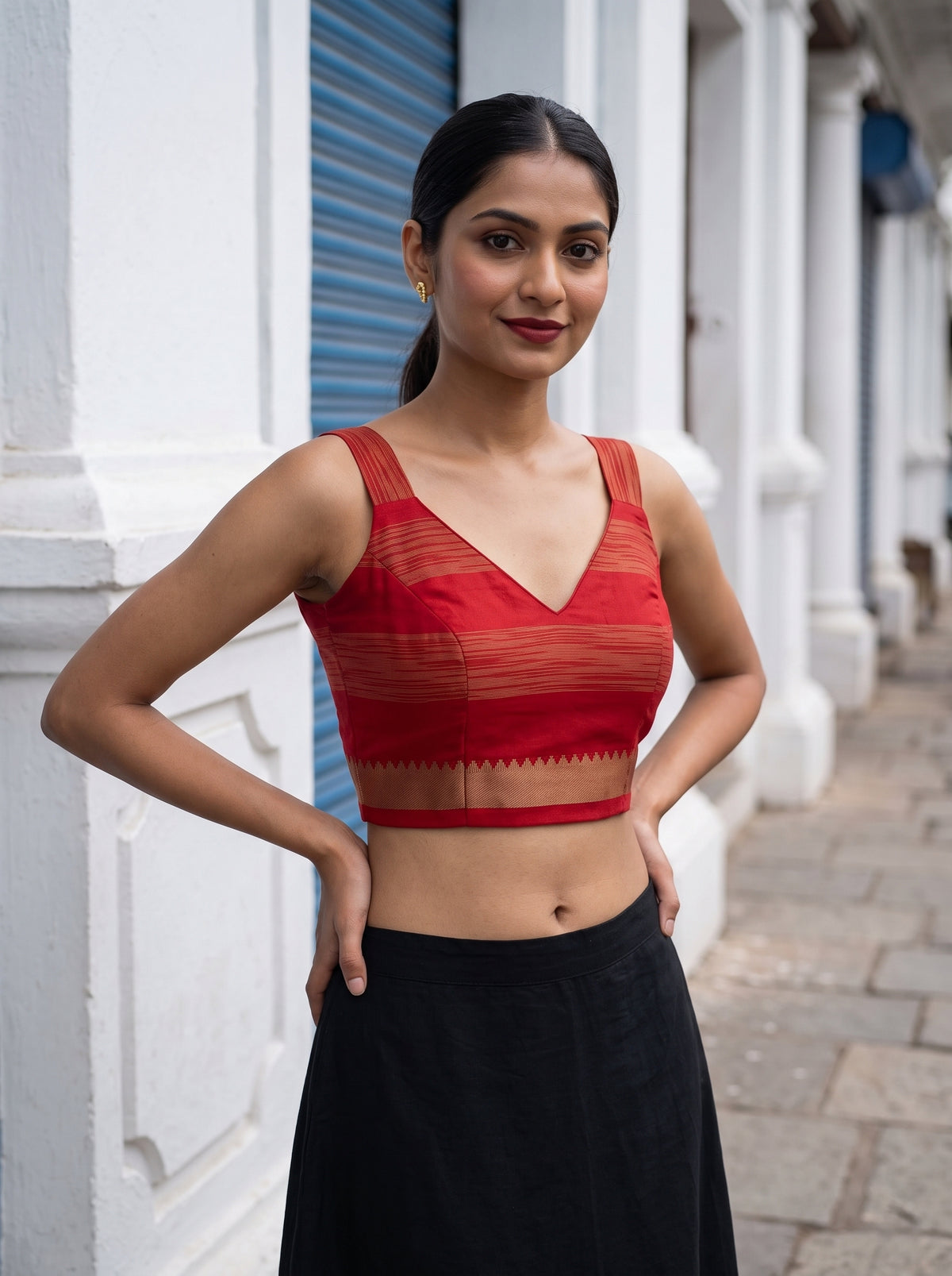 MIMOSA Red Mysore Silk Crepe Saree — blouse close-up