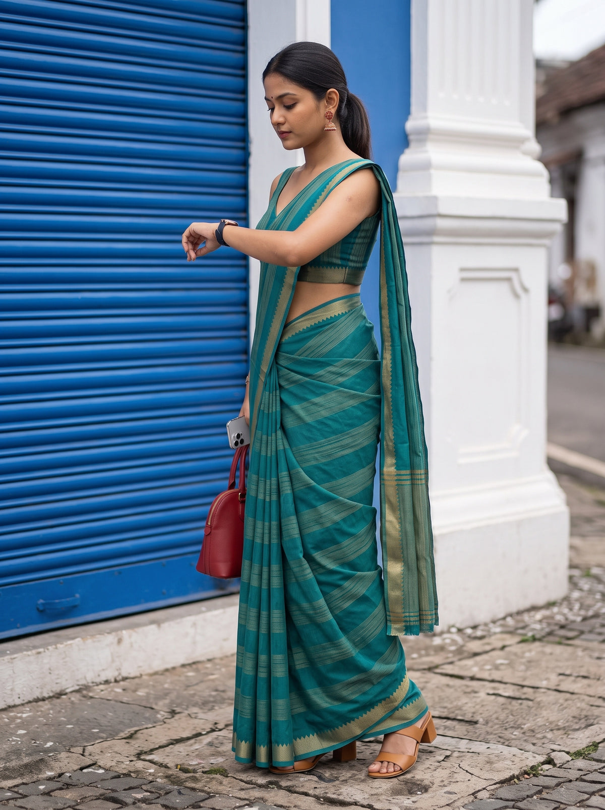MIMOSA Sapphire Mysore Silk Crepe Saree — pose 3 styling detail