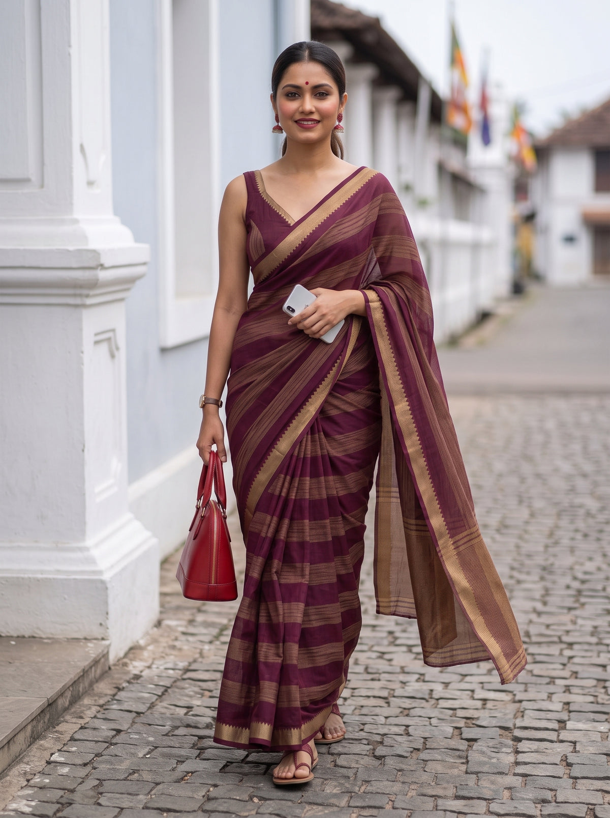 MIMOSA Wine Mysore Silk Crepe Saree — pose 6 styling detail