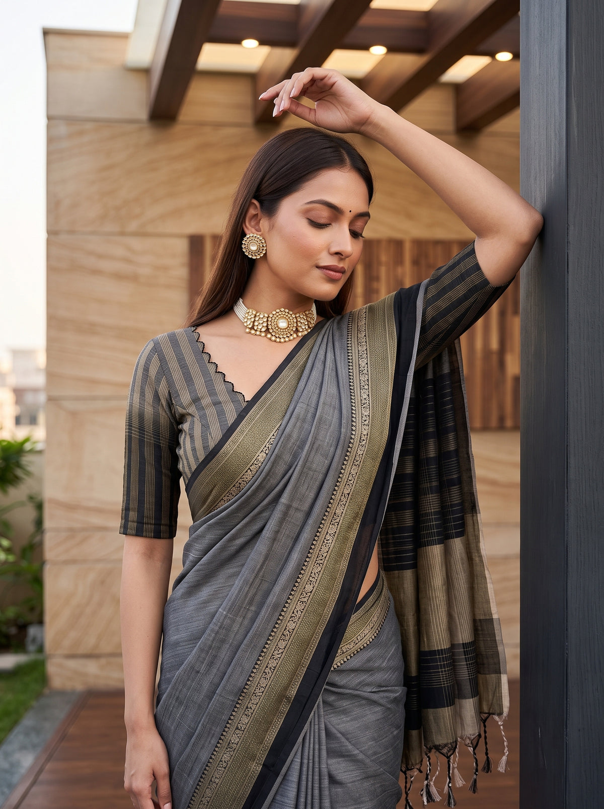 MIMOSA Black Banarasi Saree — pose 10 styling detail