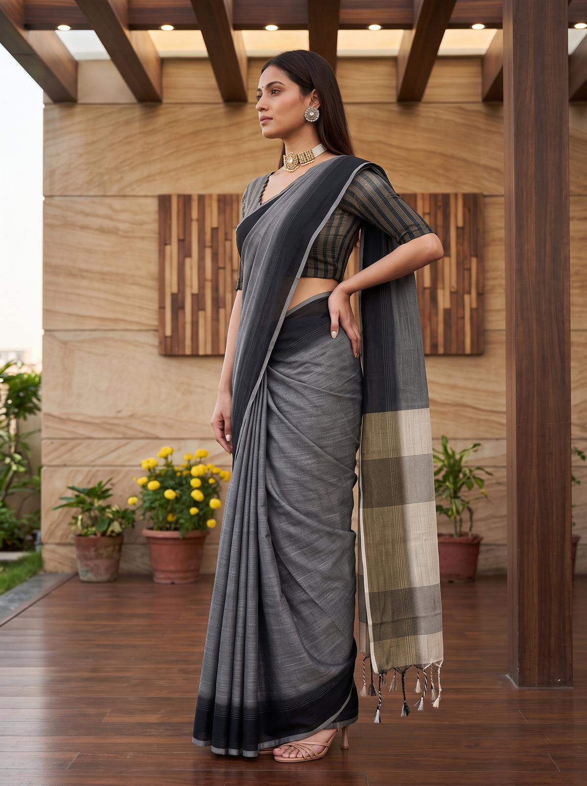 MIMOSA Black Banarasi Saree — pose 3 styling detail