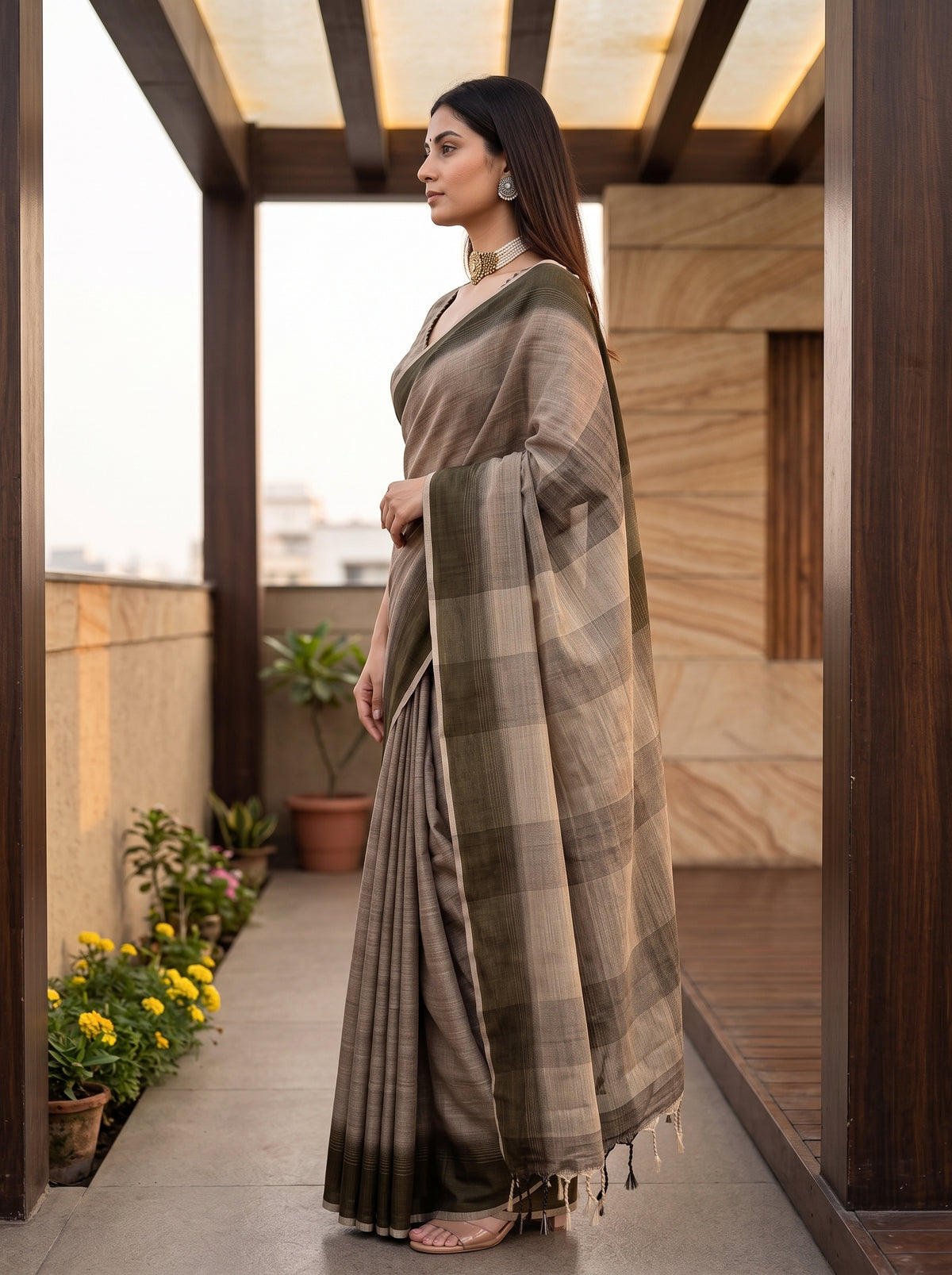 MIMOSA Chiku Banarasi Saree — pose 3 styling detail